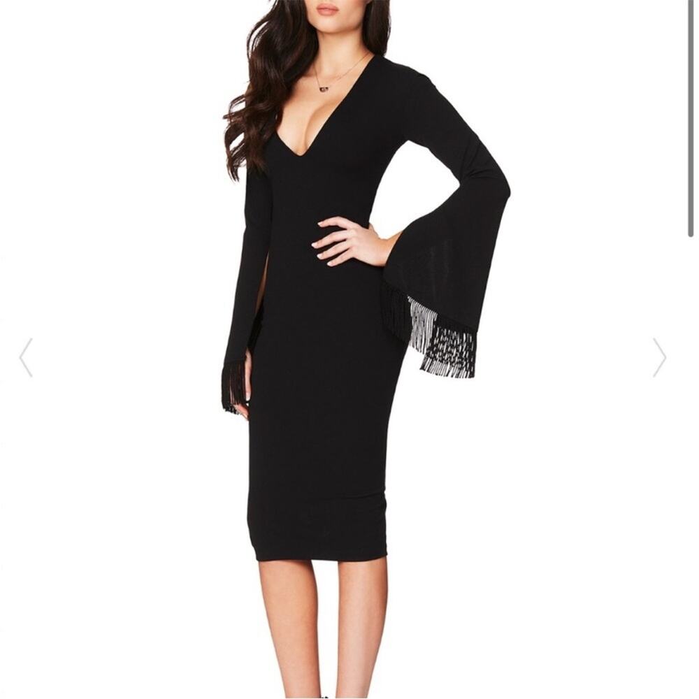 NWT Nookie Iris Long Sleeve Plunge V-Neck Midi Dress‎ Black Small